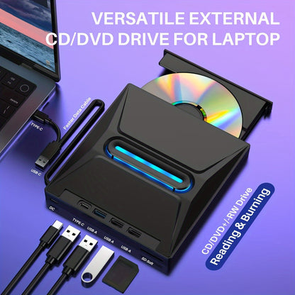 3-in-1 Externe CD/DVD-drive – USB 3.0, Type-C & SD-kaartlezer voor Laptop & Desktop