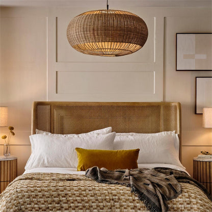 Handgemaakt Rieten Plafondlamp in Vlakke Ronde Mandvorm