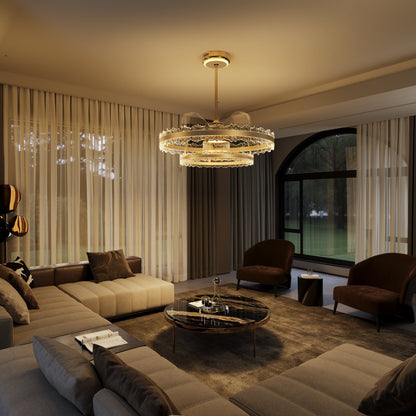 Luxe Gouden Frame Plafondlamp met Inklapbare Bladen en LED Ventilator