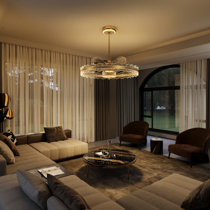 Luxe Gouden Frame Plafondlamp met Inklapbare Bladen en LED Ventilator