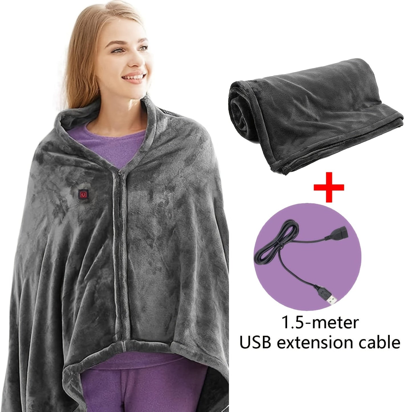 Electric Blanket USB Powered Heated Throw - 3 Heat Settings, Soft Flannel