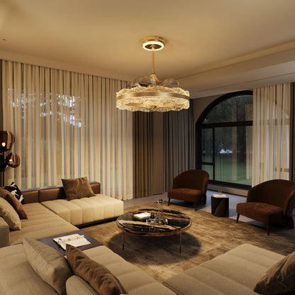 Luxe Gouden Frame Plafondlamp met Inklapbare Bladen en LED Ventilator