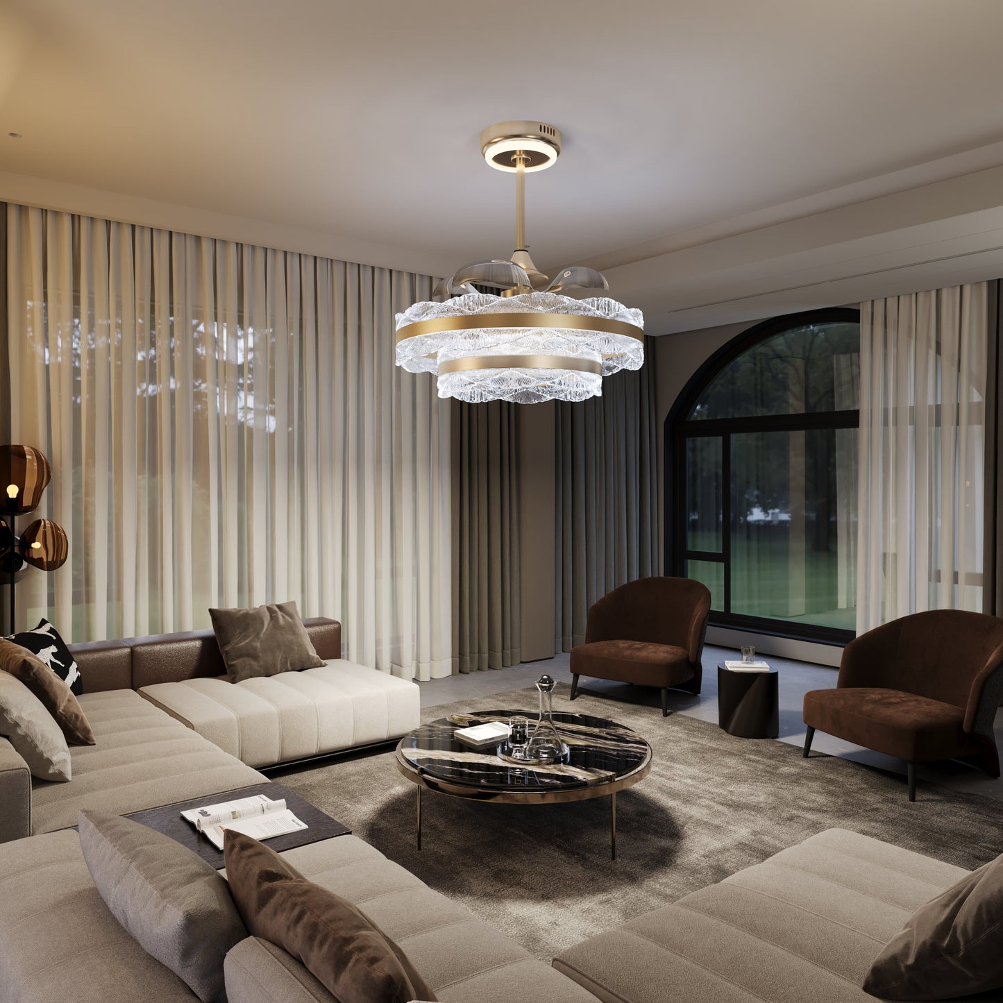 Luxe Gouden Frame Plafondlamp met Inklapbare Bladen en LED Ventilator