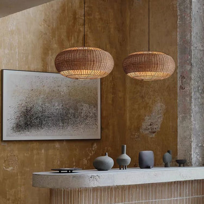 Handgemaakt Rieten Plafondlamp in Vlakke Ronde Mandvorm