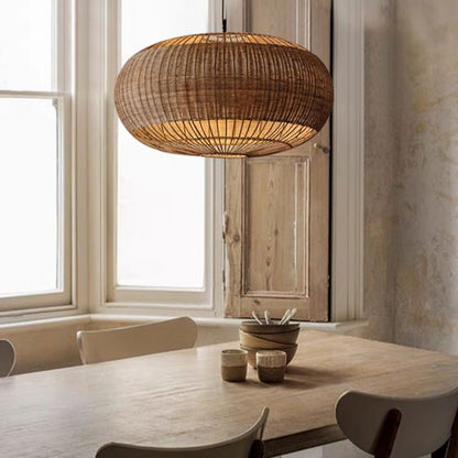 Handgemaakt Rieten Plafondlamp in Vlakke Ronde Mandvorm