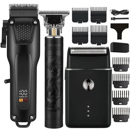 GroomMaster - 3-Piece Professional Hair and Beard Care Set for Men, Cordless Trimmers incl. LED Display, USB Rechargeable