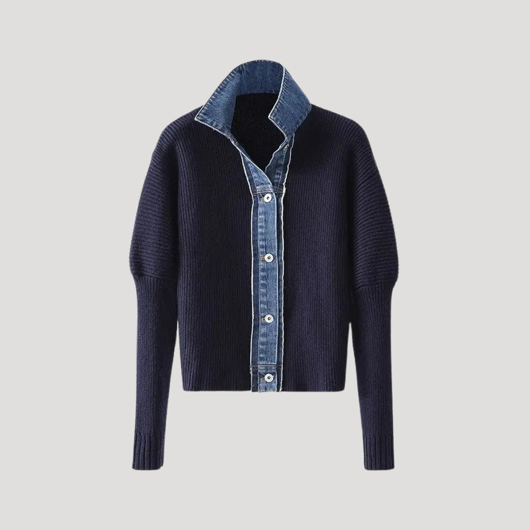 Dames Gebreide Cardigan met Denim Accenten | Elegante Contrast en Moderne Stijl