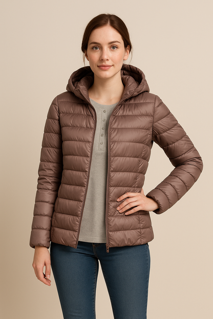 Dames Tailored Gewatteerde Donsjas met Capuchon – Hip-Lengte Lichtgewicht Ontwerp