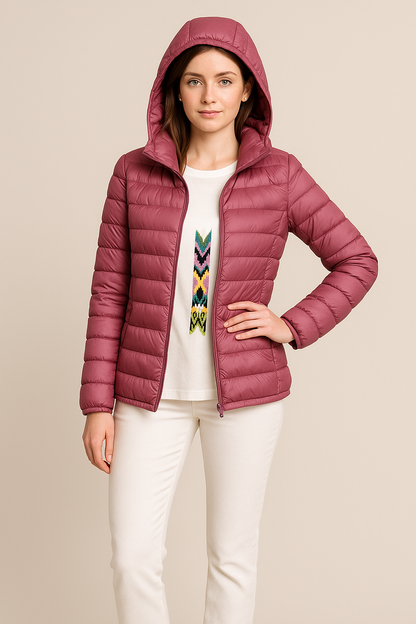 Dames Tailored Gewatteerde Donsjas met Capuchon – Hip-Lengte Lichtgewicht Ontwerp