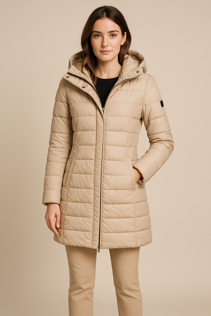 Dames Lange Gevoerde Pufferjas met Afneembare Kap – Slim Fit Winterjas