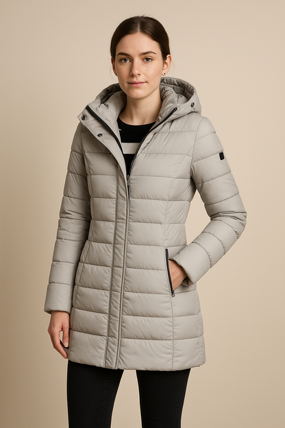 Dames Lange Gevoerde Pufferjas met Afneembare Kap – Slim Fit Winterjas