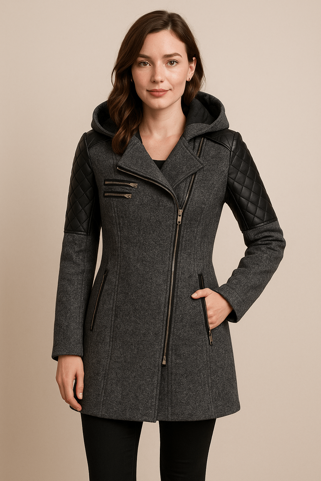Dames Tailored Jacket met Gequiltte Mouwen en Asymmetrisch Rits Kapontwerp