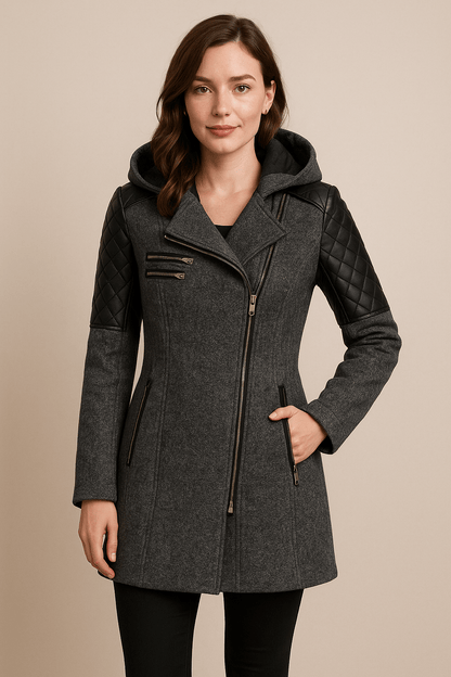 Dames Tailored Jacket met Gequiltte Mouwen en Asymmetrisch Rits Kapontwerp