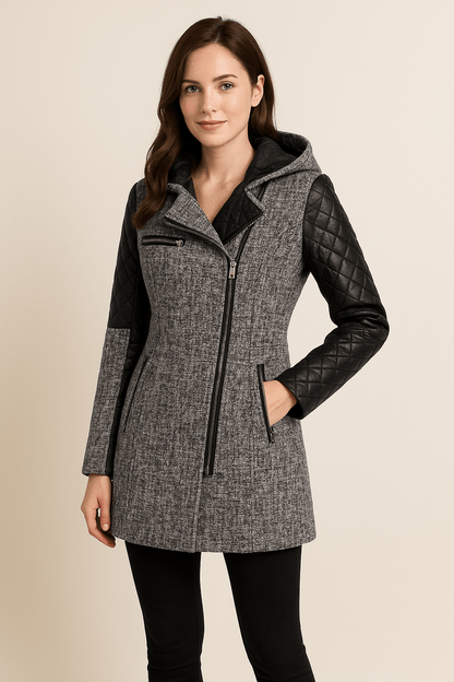 Dames Tailored Jacket met Gequiltte Mouwen en Asymmetrisch Rits Kapontwerp
