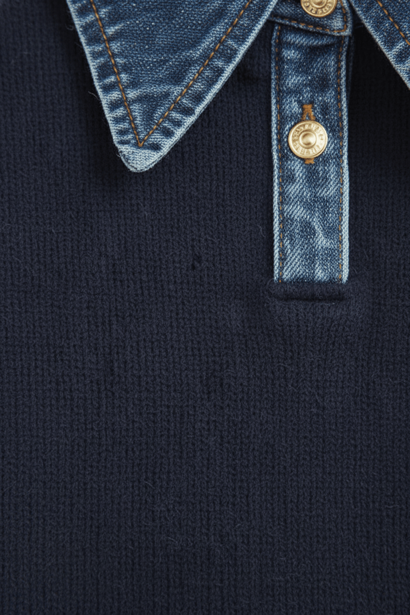 Dames Relaxed Fit Gebreide Trui met Denim Kraag en Manchetten