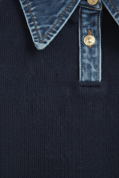 Dames Relaxed Fit Gebreide Trui met Denim Kraag en Manchetten