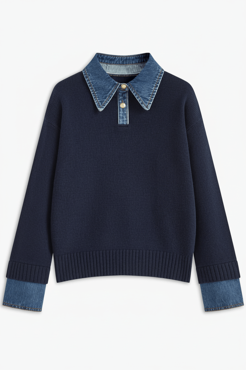 Dames Relaxed Fit Gebreide Trui met Denim Kraag en Manchetten