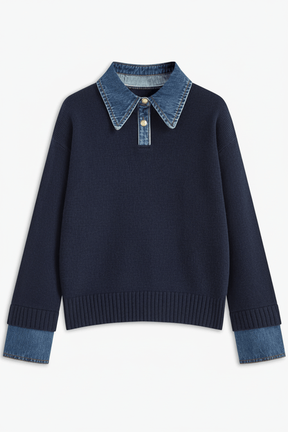 Dames Relaxed Fit Gebreide Trui met Denim Kraag en Manchetten