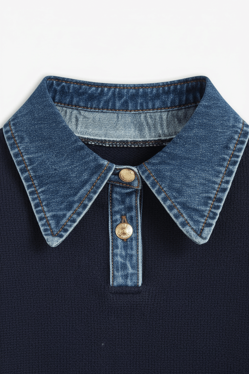Dames Relaxed Fit Gebreide Trui met Denim Kraag en Manchetten