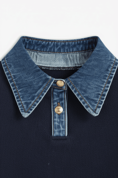 Dames Relaxed Fit Gebreide Trui met Denim Kraag en Manchetten