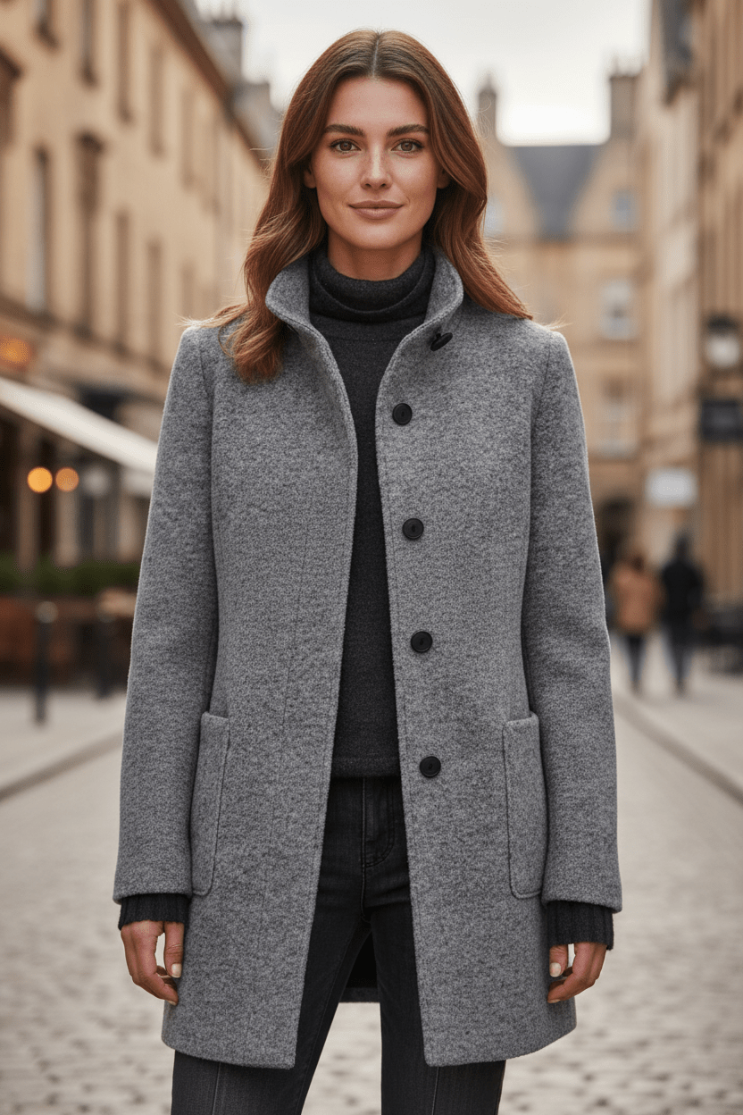 Dames Lange Jas | Staande Kraag Jacket met Tailored Fit & Knopen Voorkant
