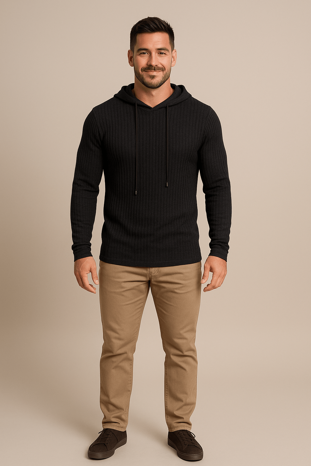 Heren Geribbelde Trui met Capuchon – Slim Fit Trekkoord Pullover