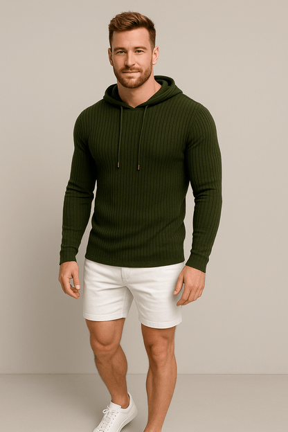 Heren Geribbelde Trui met Capuchon – Slim Fit Trekkoord Pullover
