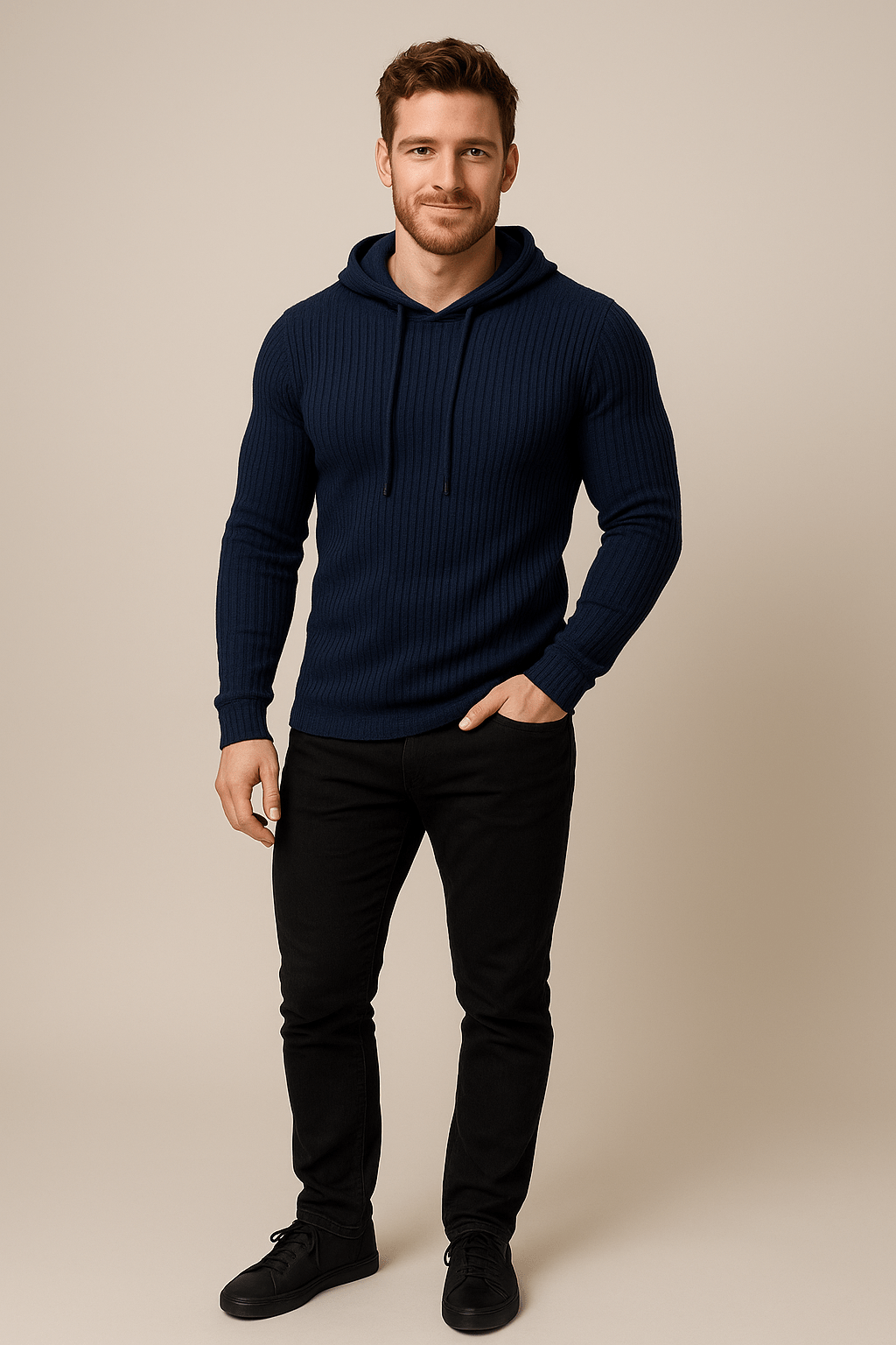 Heren Geribbelde Trui met Capuchon – Slim Fit Trekkoord Pullover