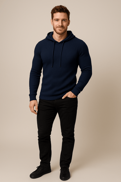 Heren Geribbelde Trui met Capuchon – Slim Fit Trekkoord Pullover