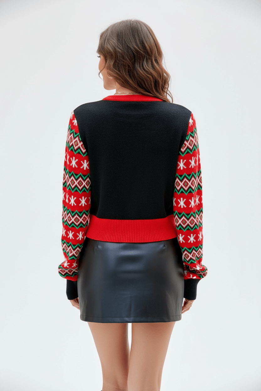 Dames Cropped Gebreide Trui met Grafische Voorkant en Patroon Mouwen