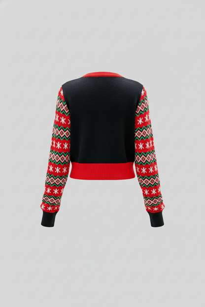 Dames Cropped Gebreide Trui met Grafische Voorkant en Patroon Mouwen