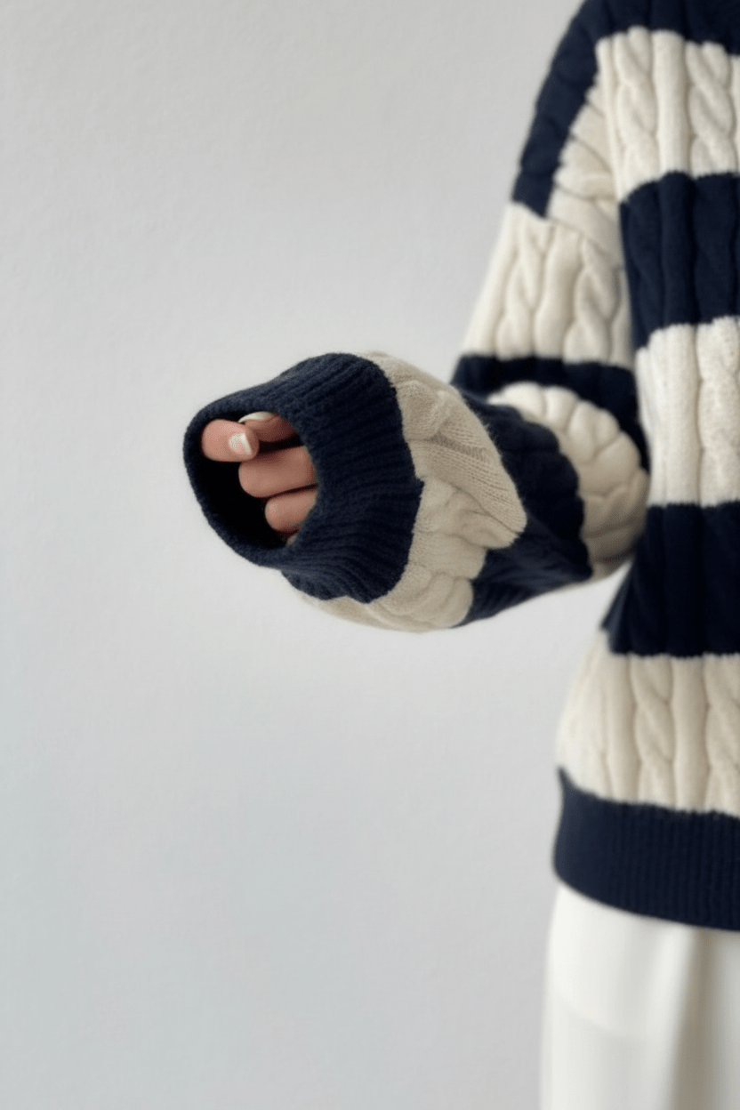 Dames Oversized Kabelgebreide V-Hals Trui met Gestreepte Details