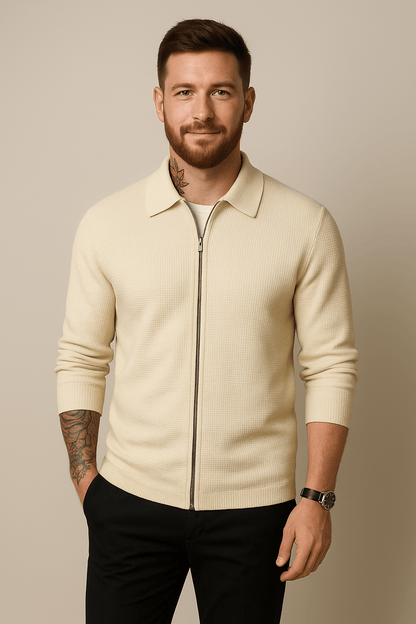 Heren Zip Cardigan – Wafelbrei Laag met Moderne Pasvorm
