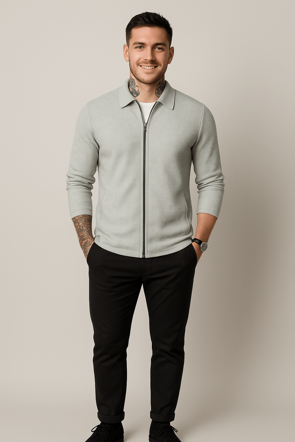 Heren Zip Cardigan – Wafelbrei Laag met Moderne Pasvorm