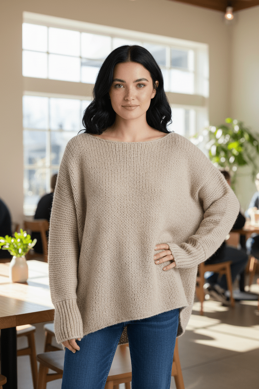 Dames Oversized Gebreide Trui met Off-Shoulder Ontwerp