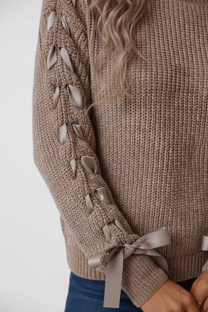 Dames Relaxed Fit Geribbelde Trui met Vetersluiting Mouwen