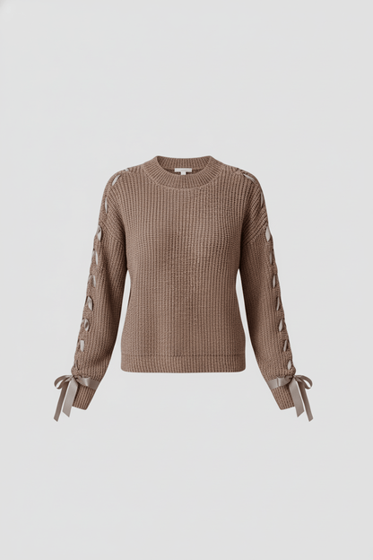 Dames Relaxed Fit Geribbelde Trui met Vetersluiting Mouwen