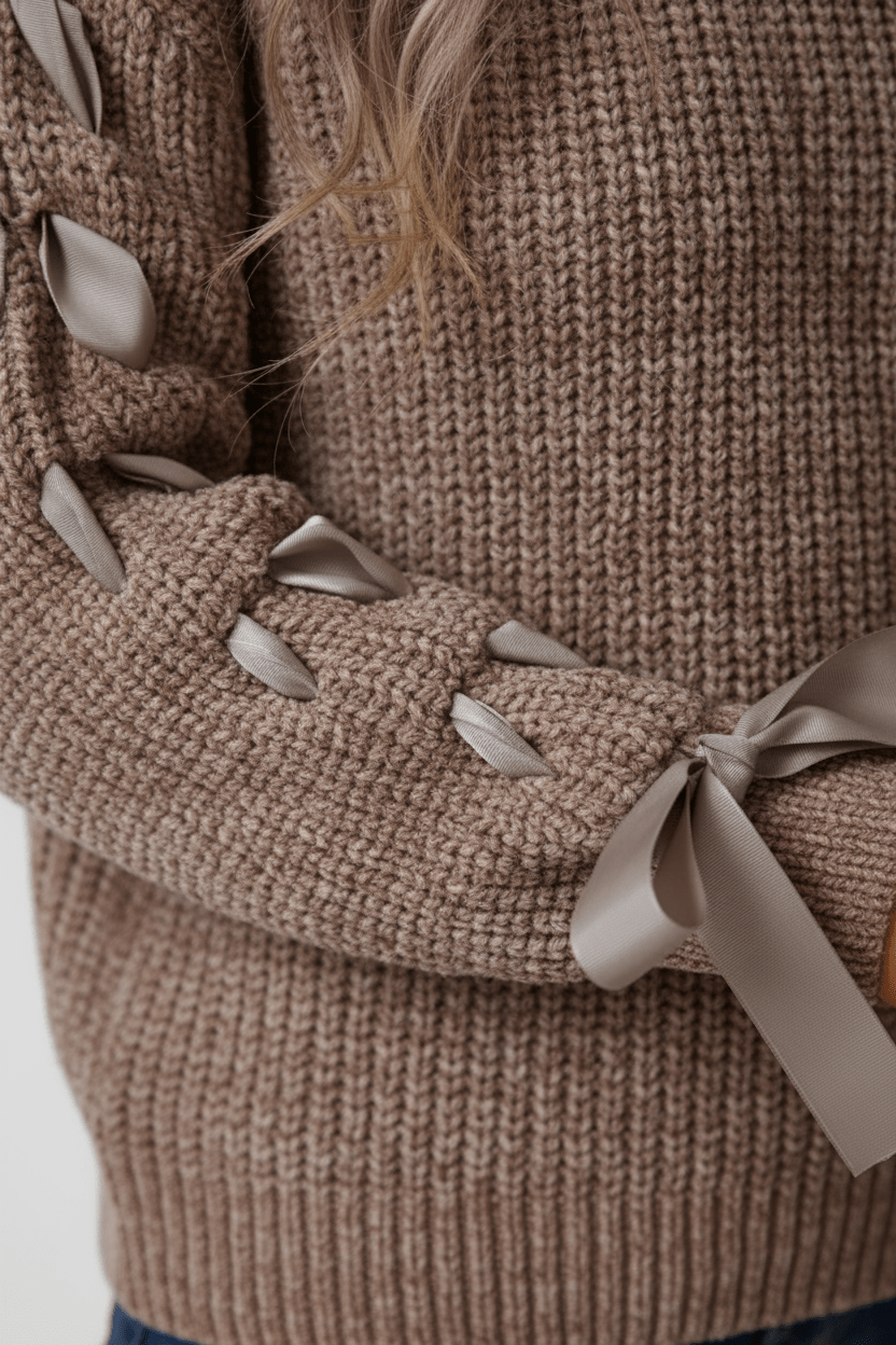 Dames Relaxed Fit Geribbelde Trui met Vetersluiting Mouwen