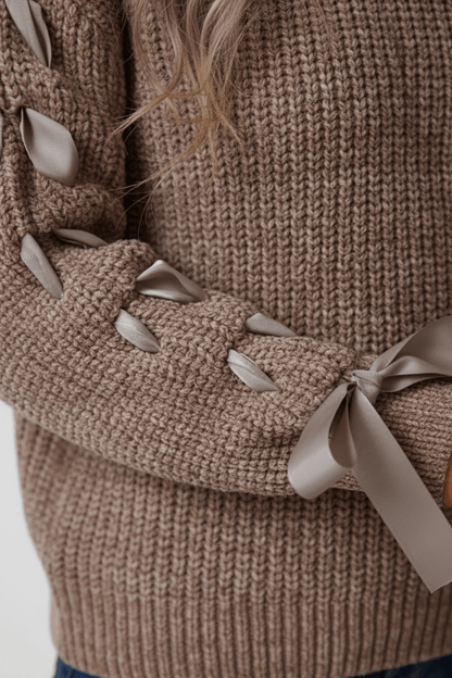 Dames Relaxed Fit Geribbelde Trui met Vetersluiting Mouwen