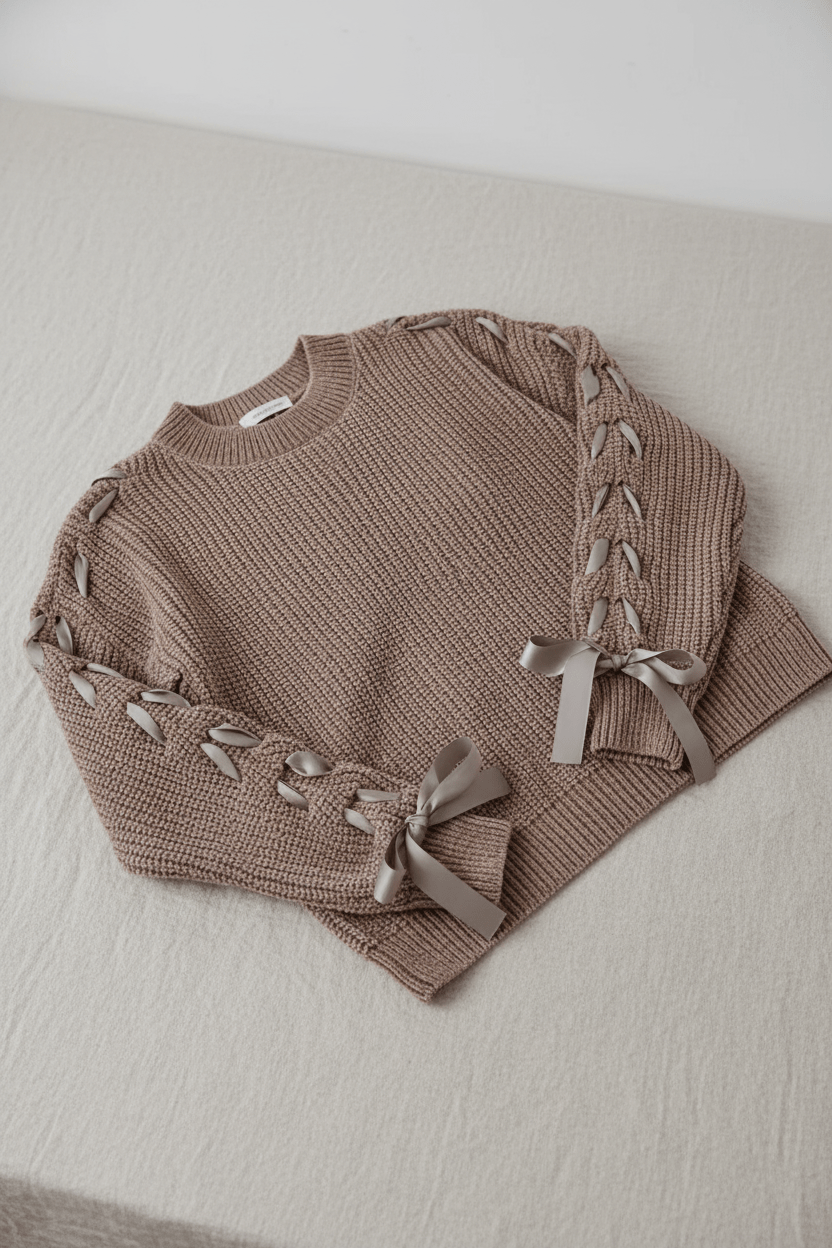 Dames Relaxed Fit Geribbelde Trui met Vetersluiting Mouwen