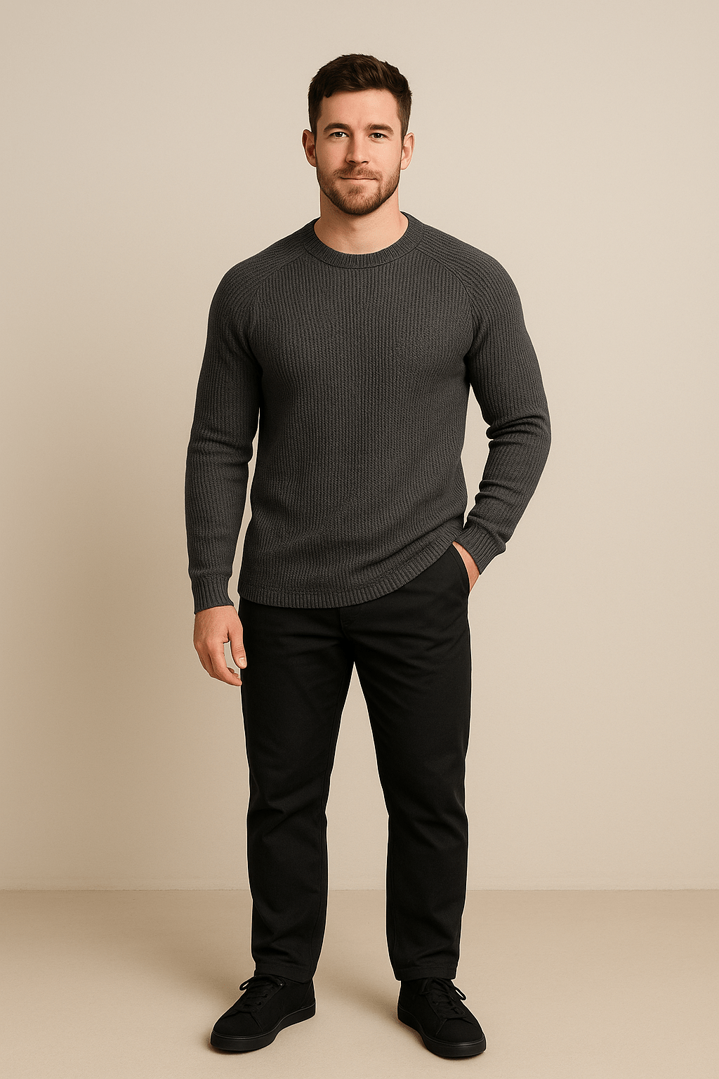 Heren Geribde Trui – Slim Fit Crewneck Pullover