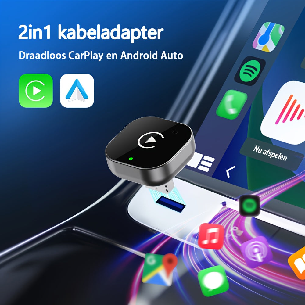 Draadloze CarPlay & Android Auto Adapter – 2-in-1 USB/USB-C Plug & Play voor iPhone & Android
