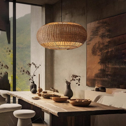 Handgemaakt Rieten Plafondlamp in Vlakke Ronde Mandvorm