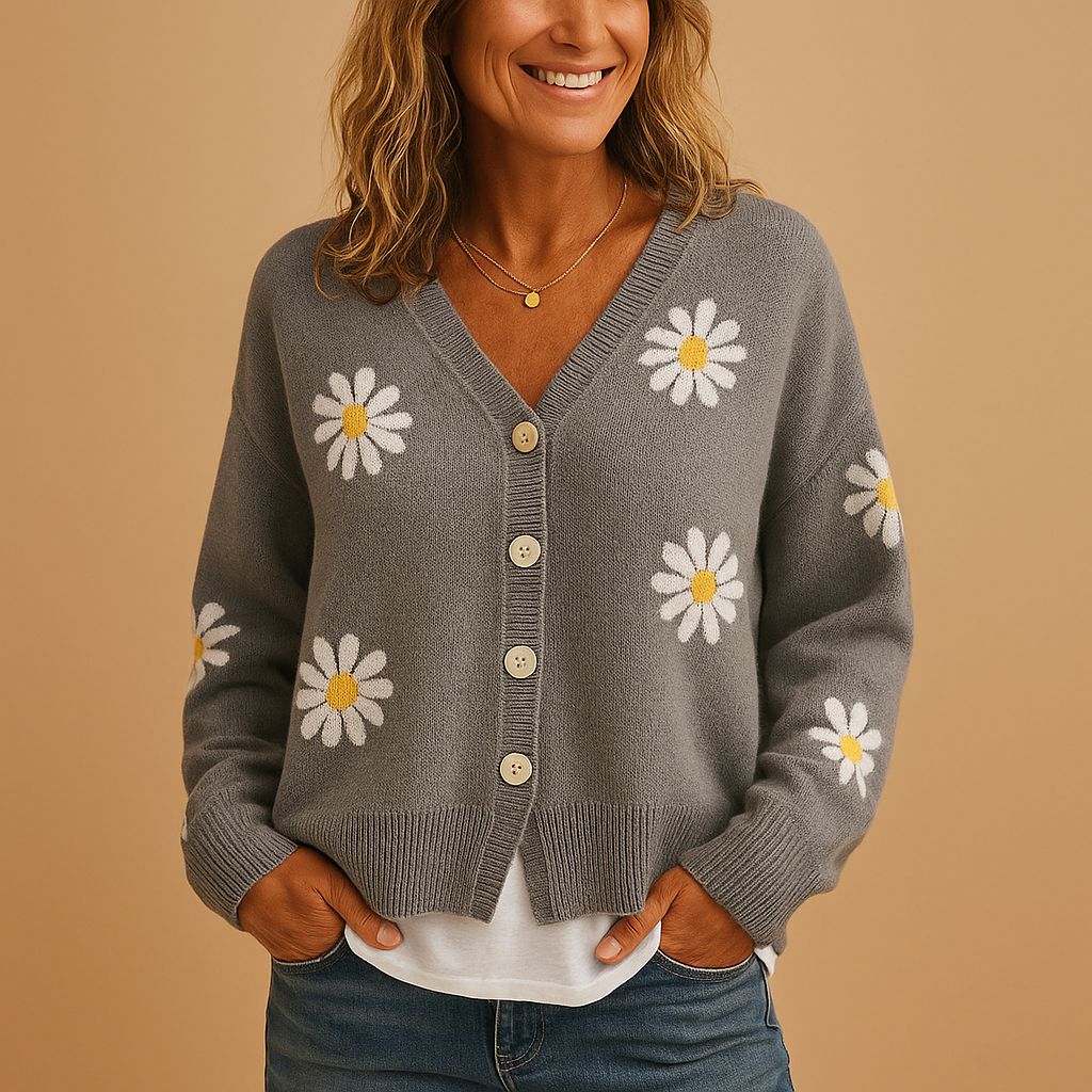 Dames Gebreide Cardigan met Knopen – Bloemenpatroon en Gezellig Gevoel