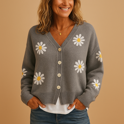 Dames Gebreide Cardigan met Knopen – Bloemenpatroon en Gezellig Gevoel
