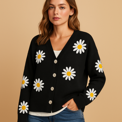 Dames Gebreide Cardigan met Knopen – Bloemenpatroon en Gezellig Gevoel