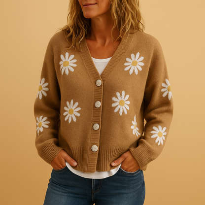 Dames Gebreide Cardigan met Knopen – Bloemenpatroon en Gezellig Gevoel