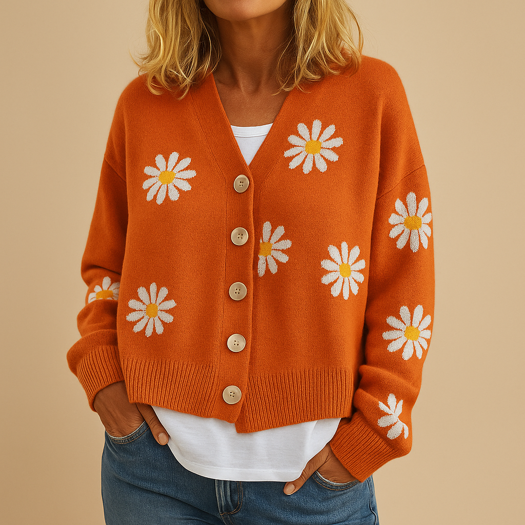 Dames Gebreide Cardigan met Knopen – Bloemenpatroon en Gezellig Gevoel