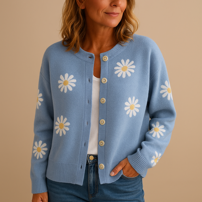 Dames Gebreide Cardigan met Knopen – Bloemenpatroon en Gezellig Gevoel