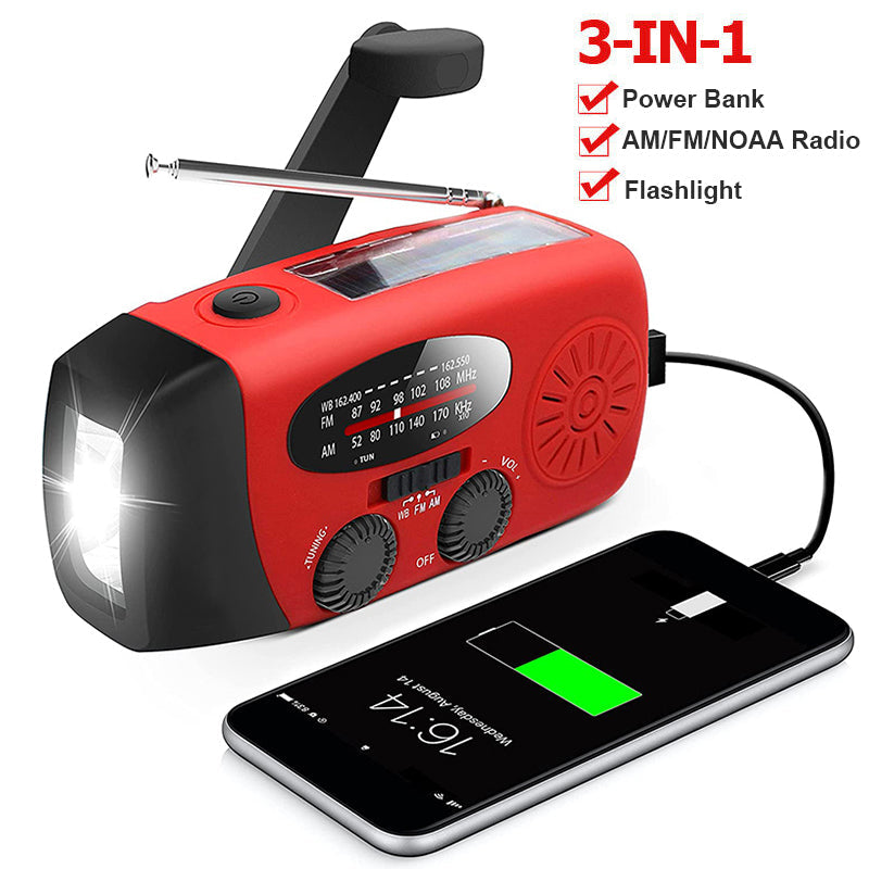 Zelfaangedreven Noodradio – Handopwinder, Solar, Zaklamp & Powerbank – FM/AM Radio, Onmisbaar ten Rampen en Noodgevallen